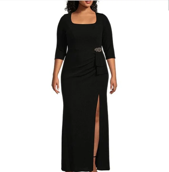 Alex Evenings Plus Size Metallic Square-Neck Gown - Black - Size 14W Alex Evenings Plus Size Metallic Square-Neck Gown - Black - Size 14W